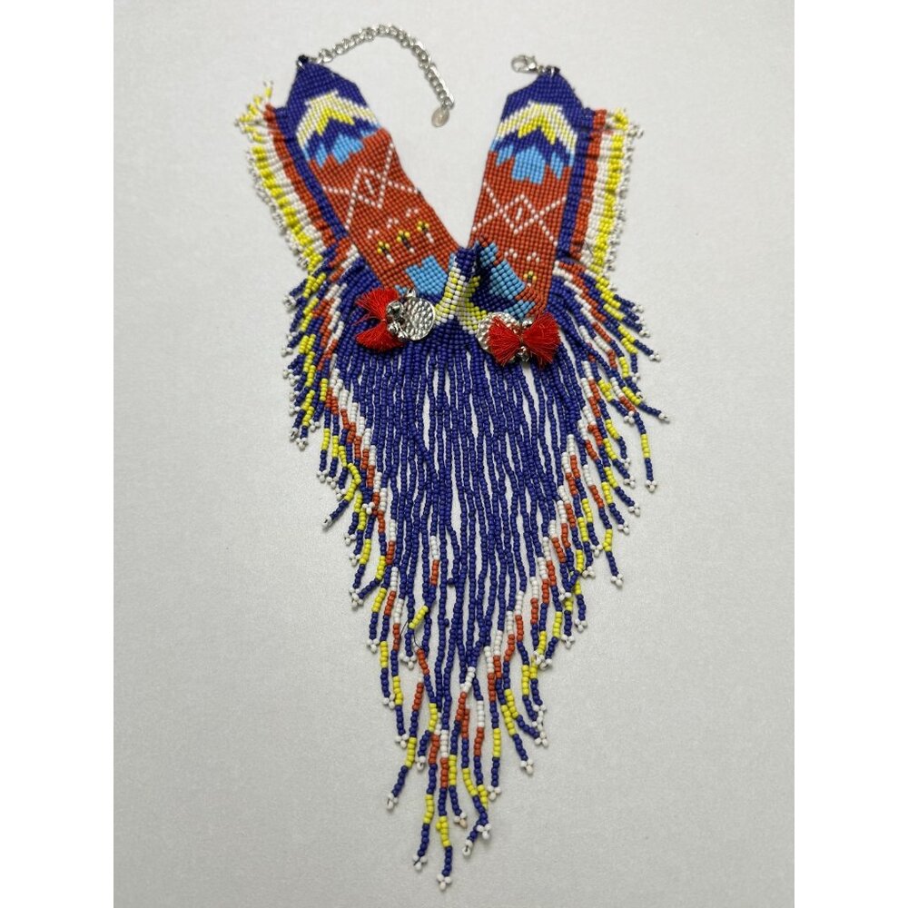 Zara Tribal Native inspired Beaded Bib Fringe Necklace Statement Bold Color - Picture 9 of 10
